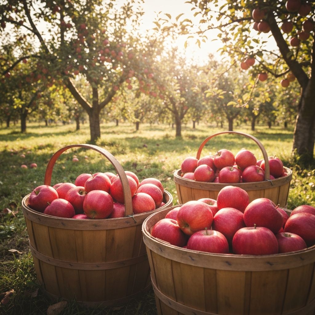Kosze z jabłkami w sadzie